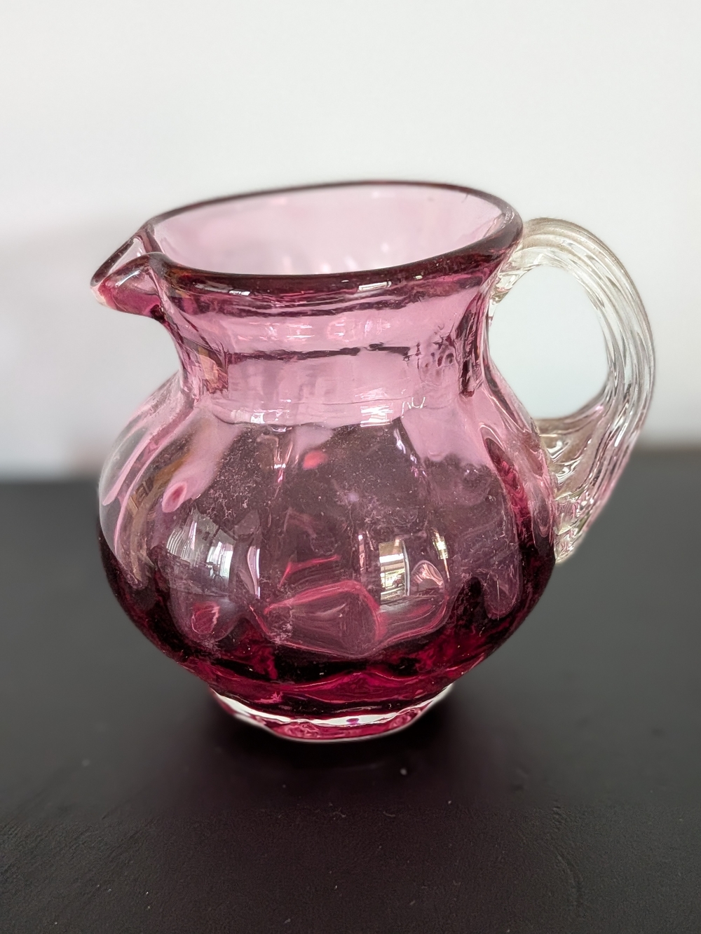 Pilgrim Hand-blown Cranberry Creamer Or Mini Pitcher, Ribbed Handle